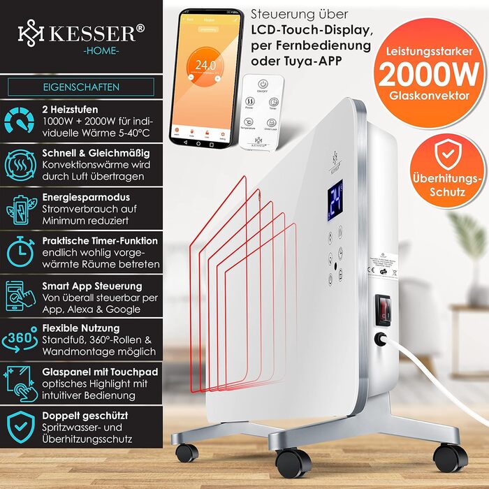 KESSER® Electric Glass Heater Glass Convector Electric Heater Heating Radiator ✓ Touchscreen ✓ APP WiFi Function Incl. Remote Control ✓ LCD Display ✓ Timer | Stand-alone or Wall-mounted Unit | 2000 Watts | White