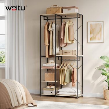 Вільна вішалка для одягу WOLTU з полицею, для спальні/коридору, стабільна, з дерева та металу, білий + світлий дуб (чорний + світлий дуб)