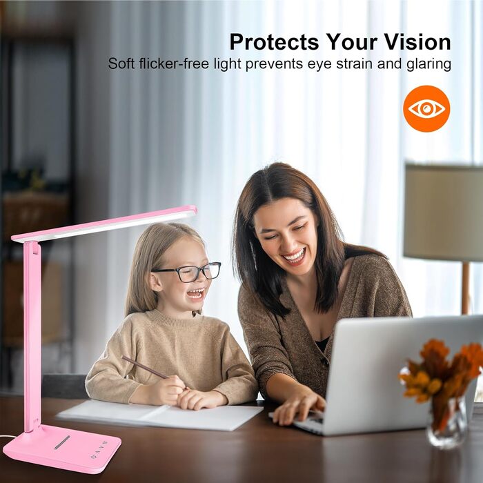 Лампа настільна LED Jumoking з регулюванням яскравості та захистом очей, 5 кольорів, 5 рівнів яскравості, USB-порт для зарядки, сенсорне керування, рожева (Pro)