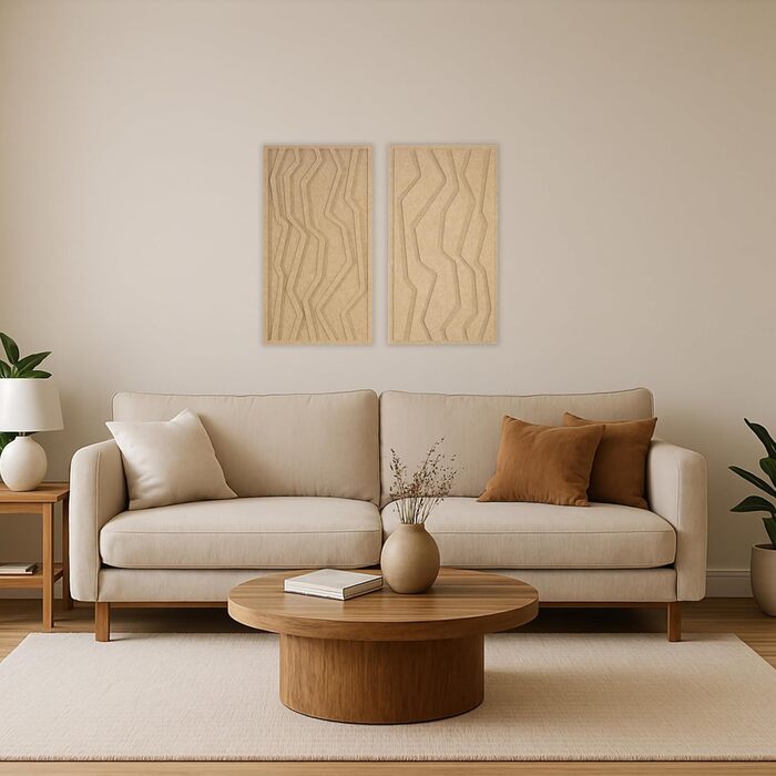 Набір акустичних панелей NIC’BRUX (3 шт.), 80x44 см – сучасні звукопоглинаючі панелі зі стінового PET-фільцу для вітальні, офісу та домашньої студії (колір: очеретяний беж)