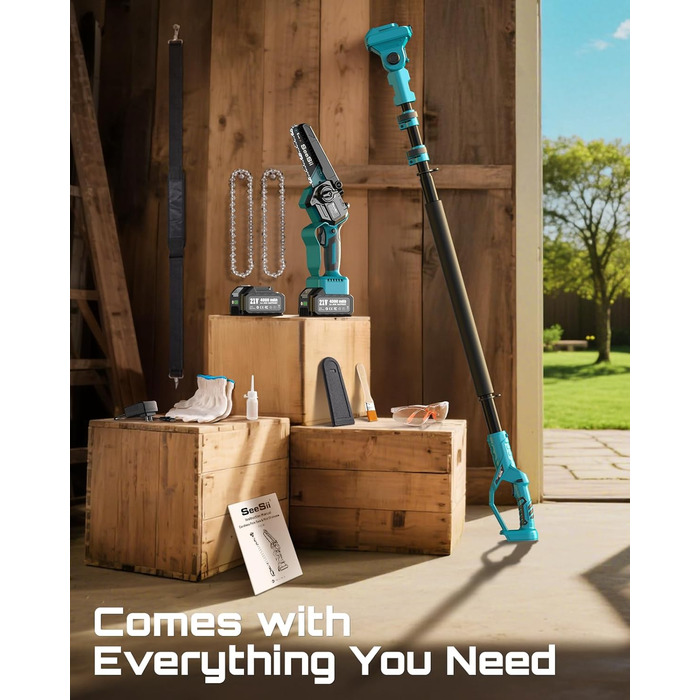 Акумуляторна міні-пила SEESII 6 дюймів (8000mAh) з автоматичною змащенням та запасним ланцюгом - для стрижки гілок та дерева