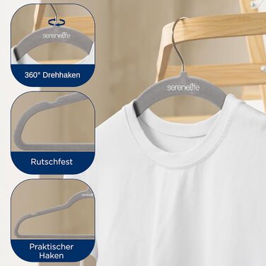 Плечики для одягу SereneLife 10 шт. з оксамиту – економія місця, неслизькі, поворотний гачок 360°, для зберігання та організації одягу, сірі