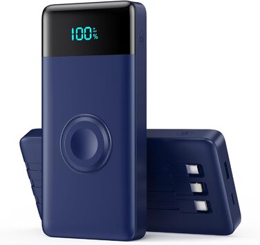 Powerbank 10800mAh з кабелем, зарядкою для Apple Watch, 6-в-1, PD 25W+QC4.0 USB-C, швидка зарядка, LED-дисплей, сумісний з i-Watch/iPhone 16/15/14/Samsung (Блакитний)
