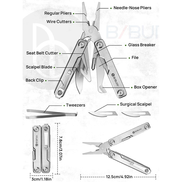 Мультитул BIBURY Mini 10-в-1: кусачки, пінцет, склобій, інструмент для кемпінгу та відпочинку на природі
