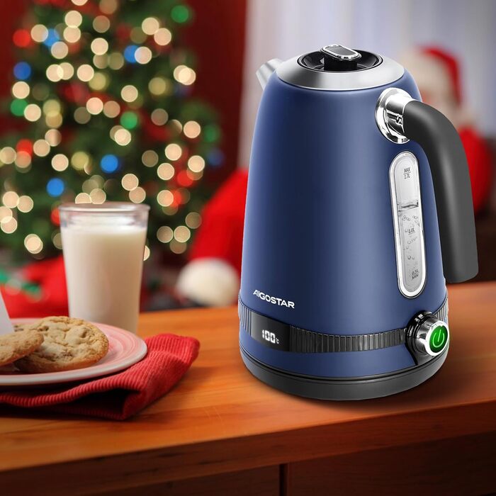 Електричний чайник Aigostar з регулюванням температури, 1,7 л, ретро-дизайн, матове покриття, цифровий дисплей, функція підтримки тепла, без пластику всередині, BPA-free (темно-синій)