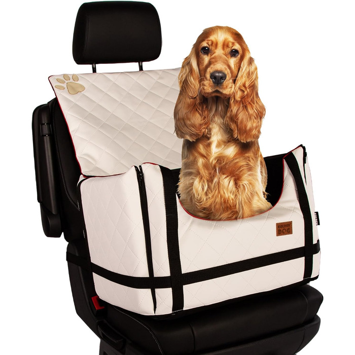 Автомобільний лежак для собак Golden Dog з підсумком та ременем безпеки - 52x44x33 см, шкіра, білий
