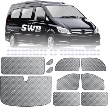Теплоізоляційний комплект MaxAwe з 10 термоматів для Mercedes VITO II W639/Viano 2003-2014 (коротка база L2), внутрішні автошторки на лобове скло, сонцезахисні та затемнювальні термощітки
