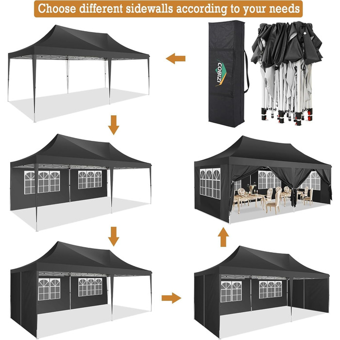 COBIZI Pavilion 3x3 Waterproof, Stable, Winter-Proof Party Tent 3x3 with 4 Side Walls Pop-Up Folding Pavilion UV Protection 50+ Garden Pavilion with Handbag, 8X Pegs and 4X Wind Rope, (Black, 3x6 m)