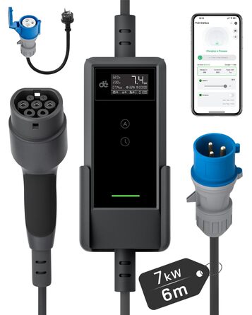 Зарядний пристрій для електромобілів Dé Mobile Wallbox 7.4 кВт з Wi-Fi, кабель Type 2 6м (1 фаза, 6-32A) для Tesla Model Y/3, VW ID.3/4/5/7, Skoda Enyaq