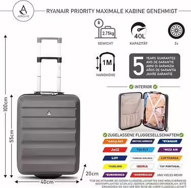 Aerolite 55x40x20cm Lufthansa, Eurowings, TUI, SunExpress, Condor, Ryanair Priority 2-wheel hard-shell carry-on luggage, hand luggage, hand luggage suitcase, cabin trolley, trolley suitcase 55x40x20 Grey