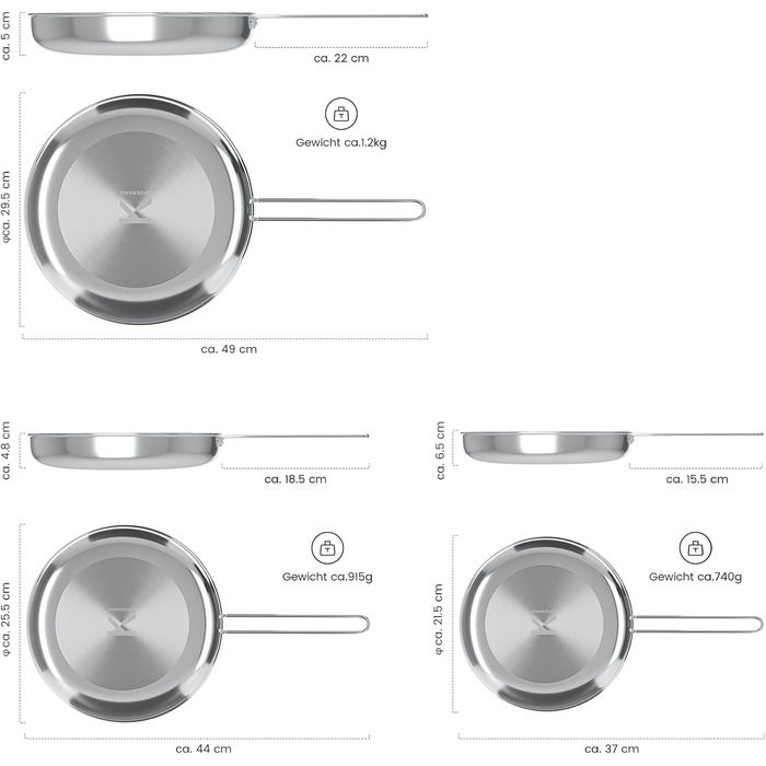 Набір сковорідок CookNANO 3 шт. (22/26/30 см), нержавіюча сталь з 4-шаровим антипригарним покриттям, індукційні, легко миються