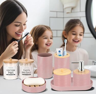 Набір для ванної кімнати IMAVO, 26 предметів: аксесуари для ванної, душова завіса, килимок, сміттєвий бак, піднос, дозатор для мила, мильниця, тримач для зубних щіток, стаканчик для зубних щіток (рожевий)