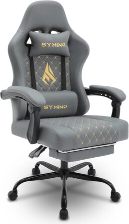 Ігрове крісло Symino Racing, ергономічне, з підставкою для ніг, лумбальною підтримкою, регульованими підлокітниками, чорне, вінтажна екошкіра, до 200 кг