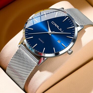 Годинник чоловічий CRRJU, ультратонкий, водостійкий, з чорним міланським браслетом, кварцовий, бізнес-стиль (сріблястий, блакитний)