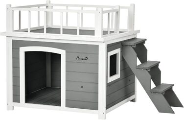 Будка для собак PawHut з балконом та сходами, будиночок для дрібних та середніх собак, з вікном, з соснового дерева, 121 x 77 x 78 см (Світло-сірий)