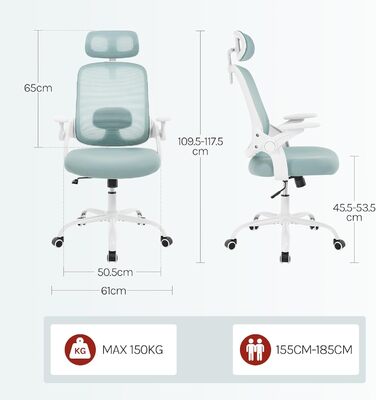 Крісло офісне WOLTU ергономічне з регульованою підголовником та підтримкою попереку, функцією гойдання, для офісу, витримує 150 кг (Блакитне)