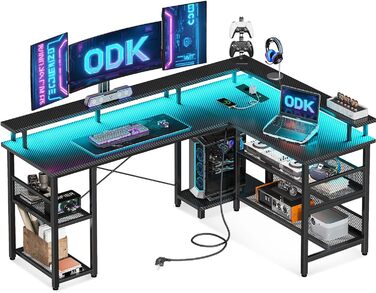 Ігровий стіл ODK з LED, кутовий, з розетками та USB, велика карбонова поверхня 168×120 см, чорний