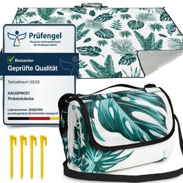 Плед для пікніка HAUSPROFI 200x300 см, водонепроникний, ізольований, зелений з квітковим малюнком. Для пляжу, кемпінгу, з ручкою та кілочками