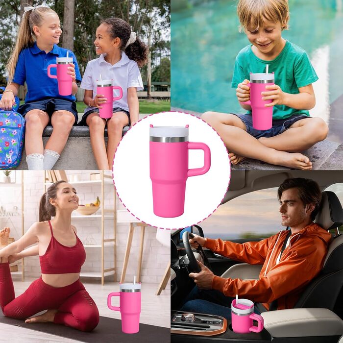 Термокружка ZAKVOP 410мл з трубочкою, кришкою та ручкою, рожева | Термокружка для кави та напоїв на виніс