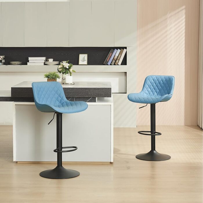 YOUNIKE Set of 2 Adjustable Bar Stools with Backrest - Modern Kitchen Counter Stools with PU Leather Upholstery, Swivel Metal Bar Chairs for Kitchen Counter/Island (Blue)