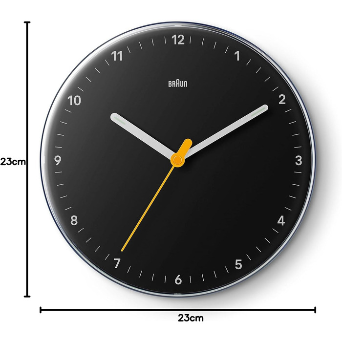 Braun Classic Analog Wall Clock with Silent Quartz Movement, Easy to Read, 23 cm Diameter in Black, Model BC26B.