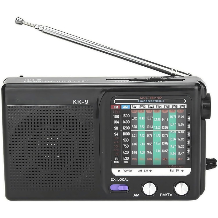 Портативне радіо Raypow 9-діапазонів FM/AM/SW1~SW7, транзисторне, з акумулятором 2 AA, компактне, потужний динамік, для дому та вулиці, чорне