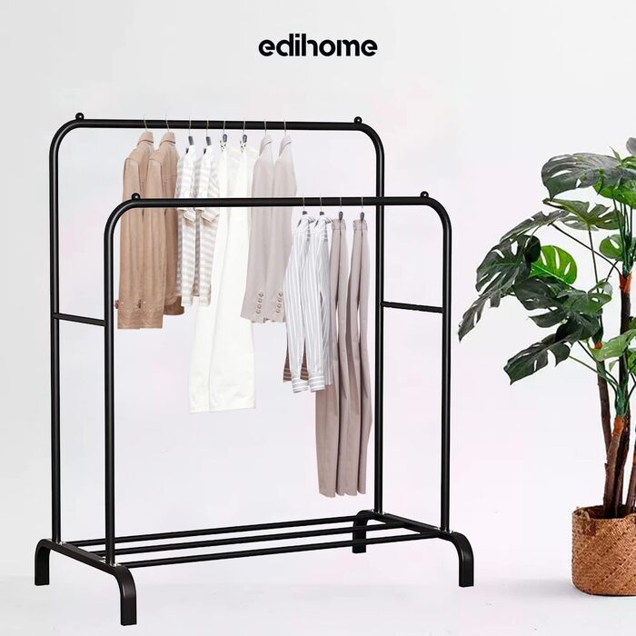edihome Clothes Rack, Clothes Rail, Double, 110 x 150 x 54 cm, Shoe Rack, Metallic, Stable, Clothes Organizer (Black)
