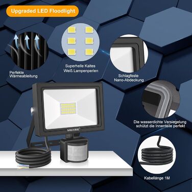 MEIKEE 25W LED Floodlight with Motion Sensor, Remote Control, 2100 LM, 6500K Cool White, Super Bright, 3 Modes, 10 Brightness Levels, Outdoor Floodlight, IP66 Waterproof, Spotlight for Garden, Garage, Sports Field, 2 Pack