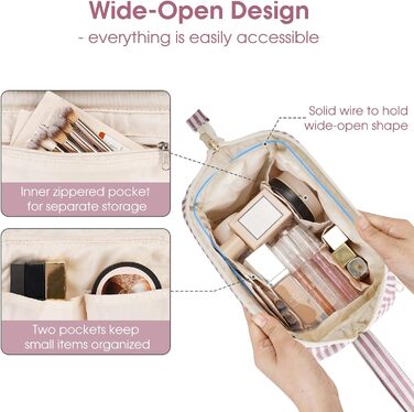 Косметичка жіноча Narwey для подорожей: зручна та містка сумка для косметики та аксесуарів (сіро-блакитний, рожеві смуги)