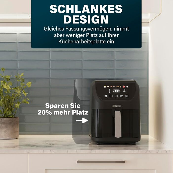 Фритюрниця Princess Slim Airfryer 5 л, 1500 Вт, тиха (55 дБ), компактна без масла, 8 програм, антипригарне покриття
