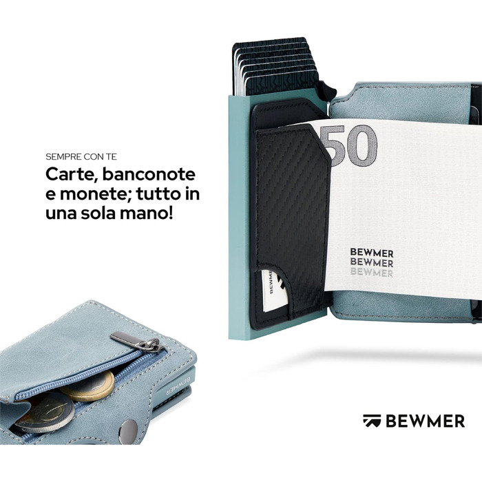 Гаманець BEWMER RFID захисту з застібкою на блискавці, Slim картхолдер для жінок та чоловіків, шкіряний тримач для посвідчення та грошей з карбоновим затискачем (Чорний/Червоний)
