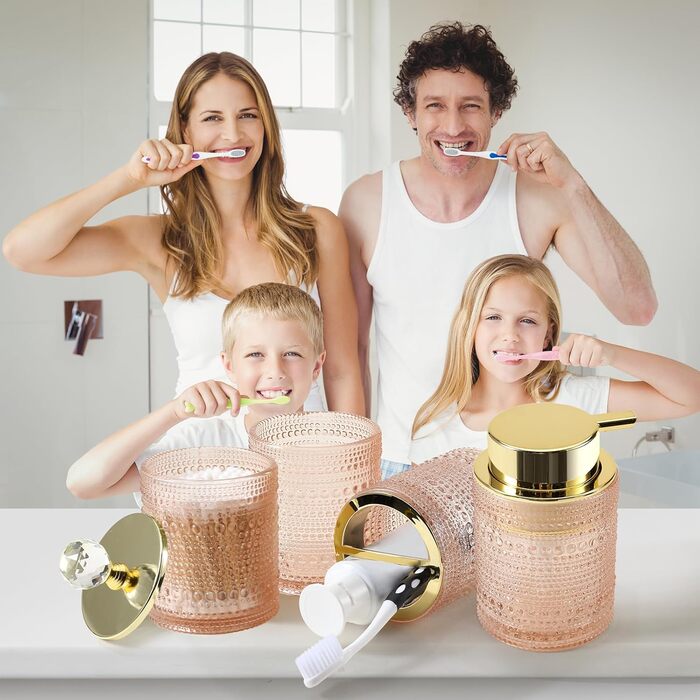 Набір аксесуарів для ванної кімнати Dasiton (4 шт.) з дозатором для мила, тримачем для зубних щіток, стаканом для полоскання та контейнером для ватних паличок (зелений/рожевий)