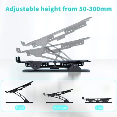 Регульований підставка для ноутбука з RGB вентилятором, алюмінієвий, чорний. Сумісна з MacBook та ноутбуками 10-17'