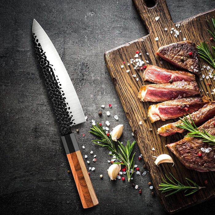 Японський кухонний ніж Gyuto 21 см, професійний, ручної роботи, з високоякісної сталі AUS-8, з дерев'яним руків'ям з палісандру, подарункова коробка