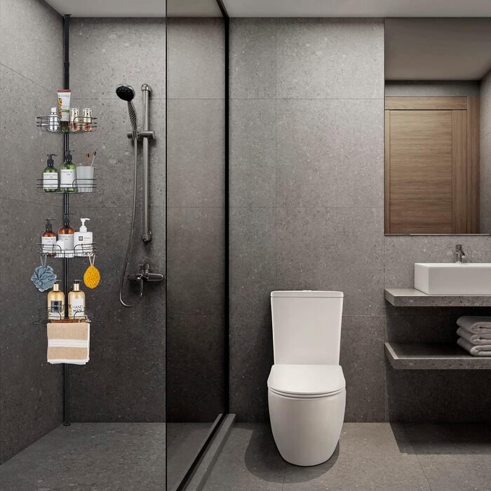 DUFU Поличка для душу та ванни кутова металева з 4 кошиками, регульована висота 73-265 см, чорна