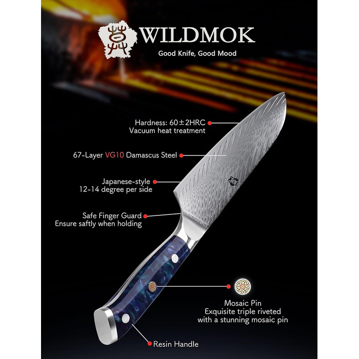 Японський кухонний ніж Santoku WILDMOK 17 см, сталь VG10 Дамаск, синій ергономічний руків'я для кухні