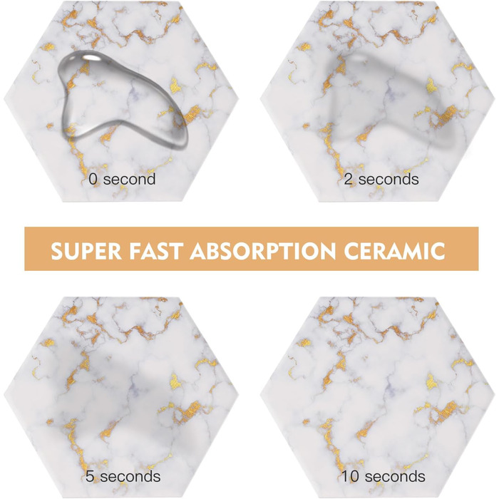 Marble-Style Coasters, Set of 6 - Drink Coasters for Wood Table With Metal Holder - Gold-Colored Ceramic Cup Set - Rustic Home Decor, Room Decor, Party (Luxury White Gold Marble 06)
