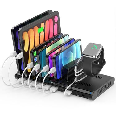 Зарядний пристрій Alxum 96W USB-C на 10 портів: швидка зарядка для телефонів, планшетів (PD 18W x2, QC 3.0 x2) - чорний