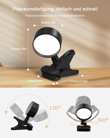 Нічник на ліжко акумуляторний бездротовий з USB-C, 5000mAh, з кліпсою, димуючий сенсорний пульт, 3 кольори, поворотний на 360°, для спальні, кемпінгу, чорний