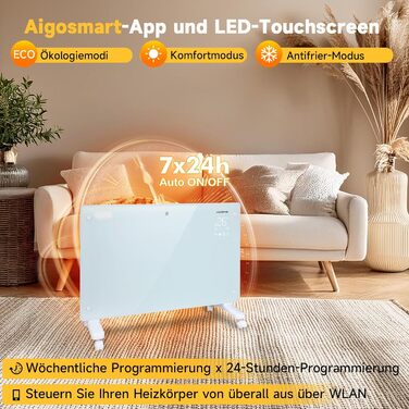 Електричний конвектор Aigostar з термостатом та Wi-Fi, 2000W, для кімнат до 30 м², чорний. Можлива установка на стіну або на підлогу.