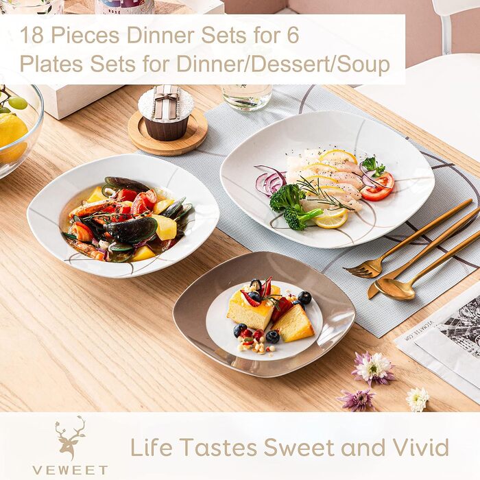 VEWEET Набір посуду 'Нікіта' з порцеляни, 24 частини | Сервіз включає миски, десертні тарілки, тарілки для їжі та супові тарілки | Посуд для 4-12 осіб