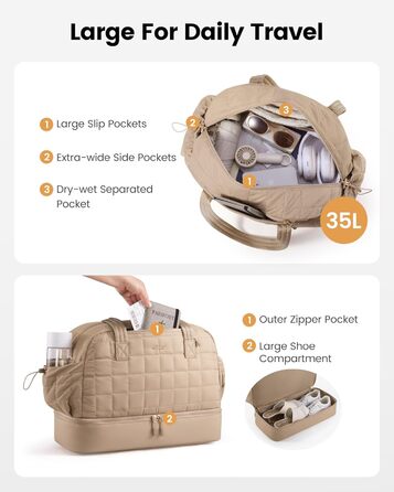 Сумка-мішок LOVEVOOK для подорожей, 35L: спортивна, для фітнесу, з відділенням для взуття та мокрих речей, ручна поклажа, для подорожей, відпустки, сірий+бежевий