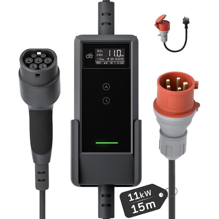Мобільна зарядна станція (Wallbox) 11 кВт [3-фазна, 6-16A] з регульованою потужністю, кабель CEE 16A на Typ 2, зарядний пристрій для електромобілів Model Y/3, ID.3/4/5, MG4, EX30, e-up, e-tron та BEV/PHEV (CEE 11кВт, 15м)