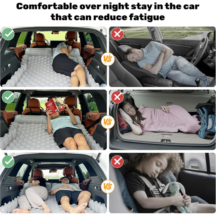 Автоматизована повітряна матрац для авто SUV, 2 особи, для кемпінгу та подорожей, самонадувна, з насосом та подушками, 183*13*7 см, чорний, підтримка (Сірий+сірий ковдра)