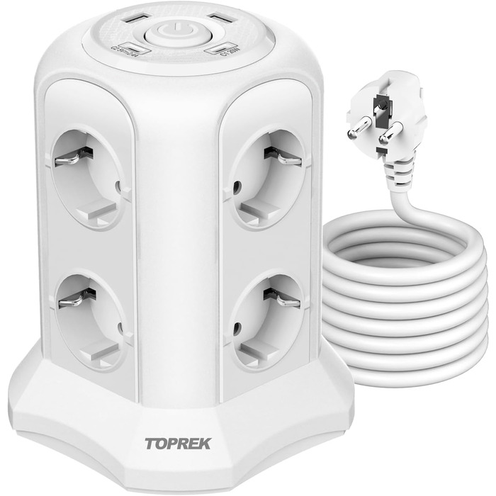 Многорозеткова смуга з USB, 8 розеток, з вимикачем, 4000W/16A, захист від перенапруги, білий кабель 2м