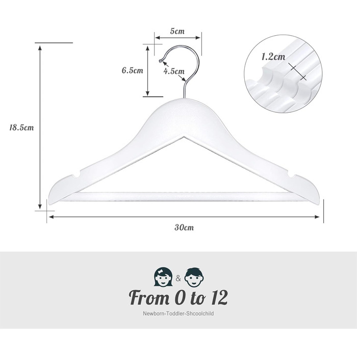 Дерев'яні вішалки для дитячого одягу Homewit, 24 шт. з вирізами для спідниць та штанів, 360° обертання, для дівчаток та хлопчиків, білі, 30 см