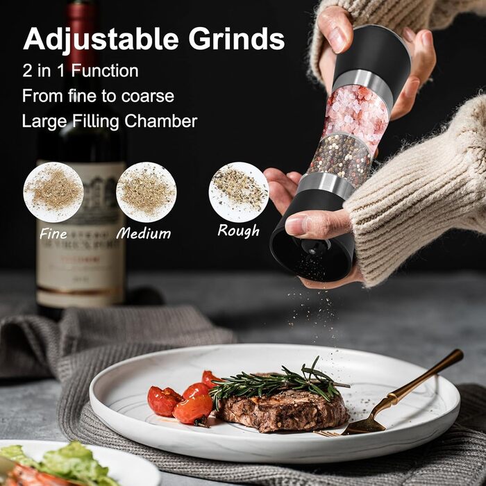 Мельниця для солі та перцю 2-в-1 Cyiecw, ручна, з регулюванням, нержавіюча сталь, для перцю та солі (чорна)