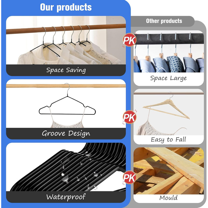 25 шт. Плечики для одягу Rainberg: міцні, гумовані, для шафи та вішалок, чорні