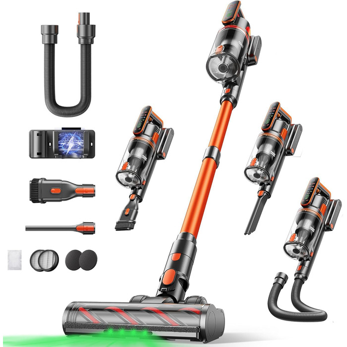 Бездротовий пилосос Fieety з акумулятором, 600W, 50kPa, 65 хв роботи, док-станція на стіні, ароматерапія, автоматичний режим, сенсорний дисплей, висувний шланг 1 м для твердих поверхонь, килимів, шерсті тварин та авто