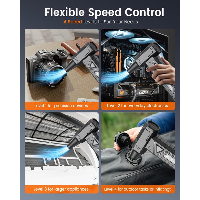 Електричний пилодув для ПК та приміщень - Air Duster 200000 RPM, 4-рівні, акумуляторний, чорний